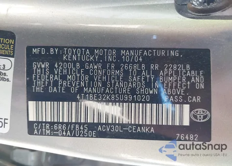 2005 Toyota Camry Le z USA, uszkodzony, nr VIN 4T1BE32K85U991020